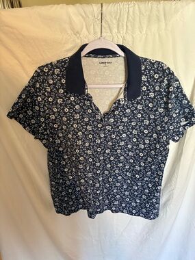 Lands' End Navy and White Floral Polo Top